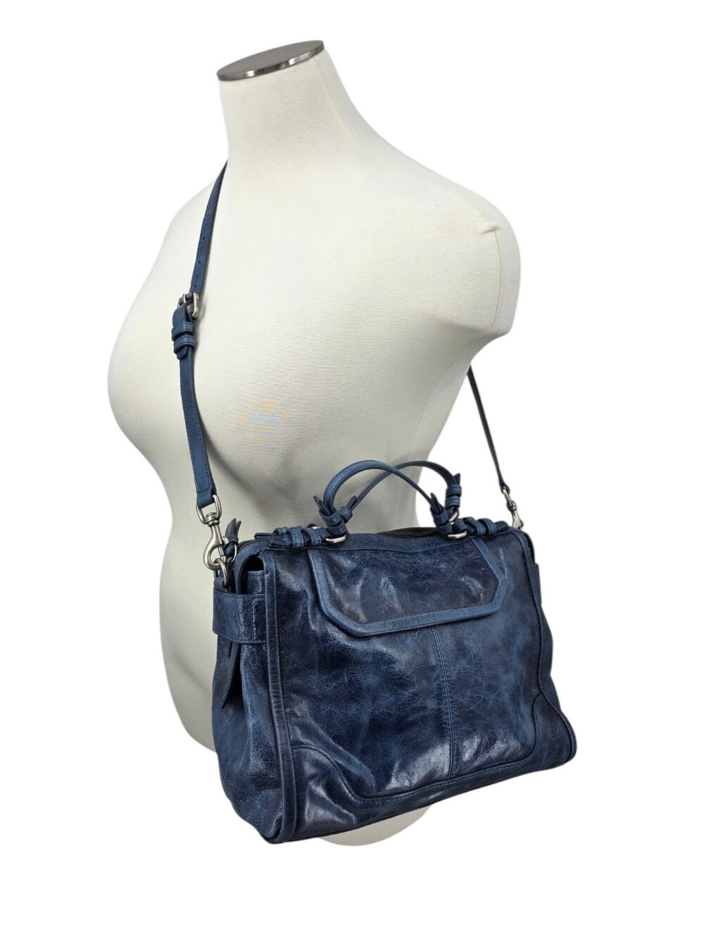 Frye Mel Crossbody Satchel Distressed Blue Leather LIKE NEW Bag Purse